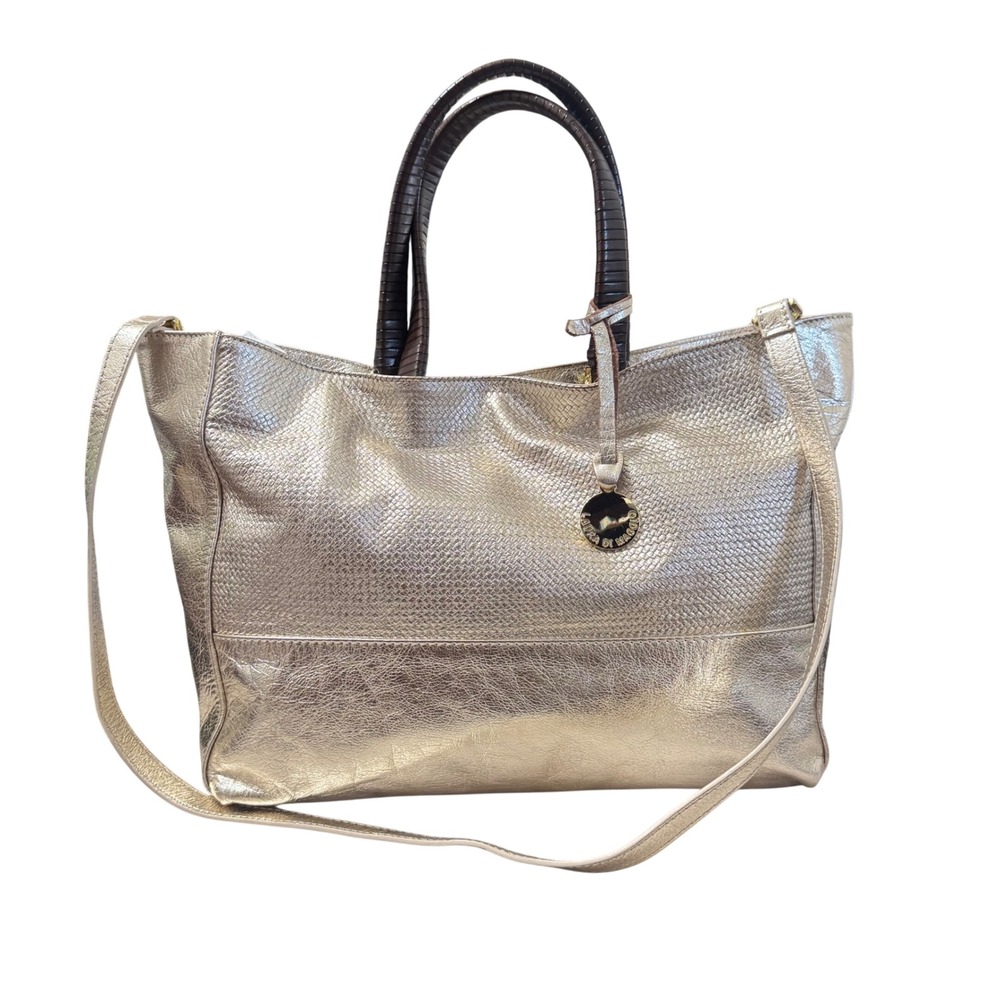 Laura Di Maggio Tote Bag Womens Large Gold Metallic Leather Italy Excellent Logo